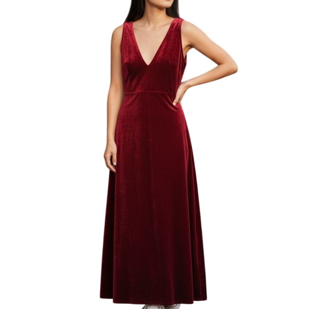 Lulus Berry Red/Magenta Velour Deep V-Neck Front & Back Maxi Dress Size Large